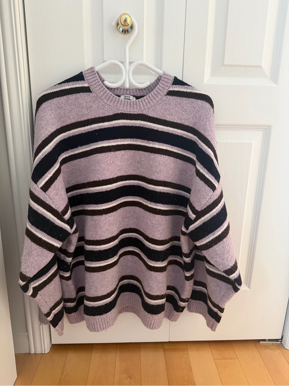 Ardene Lavender Crewneck Sweater with Black and Cream Stripes